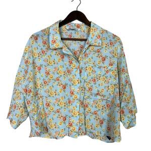 Zara Oversized Floral Print Cropped Collard Short Sleeve Shirt Pocket XXL Blue